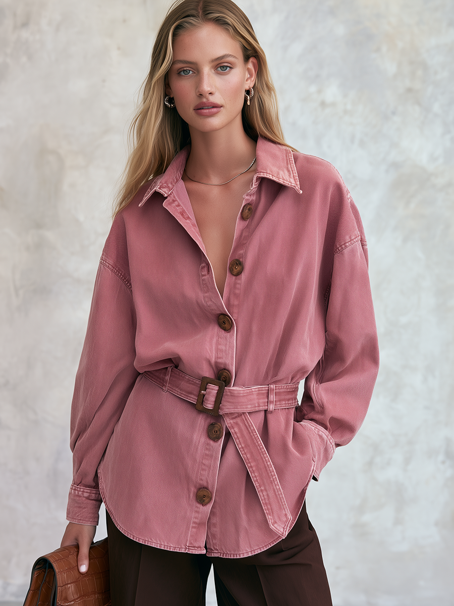 Pink Denim Shacket, Belted Shirt Jacket, Oversized Denim Jacket, Utility Jacket Women