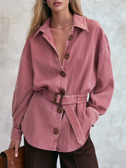 Pink Denim Shacket, Belted Shirt Jacket, Oversized Denim Jacket, Utility Jacket Women