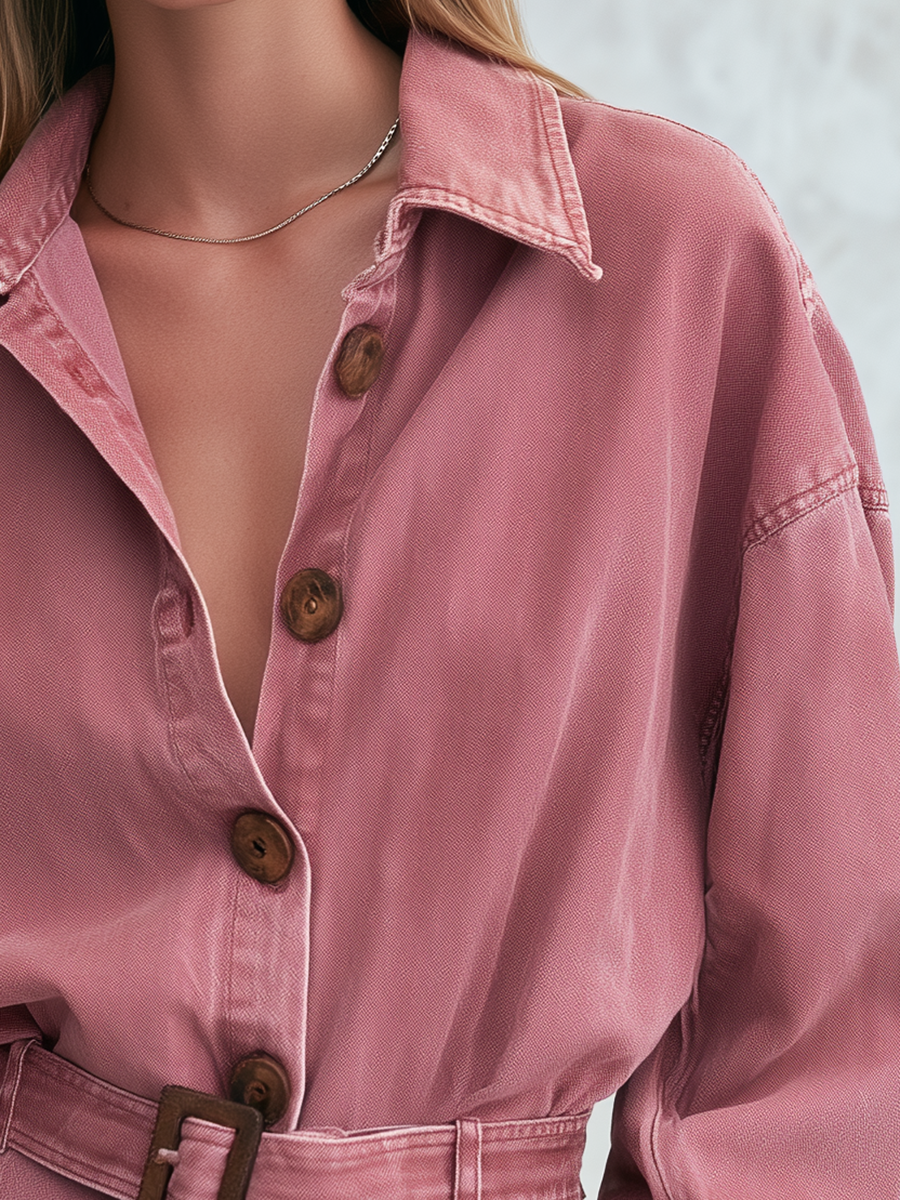 Pink Denim Shacket, Belted Shirt Jacket, Oversized Denim Jacket, Utility Jacket Women