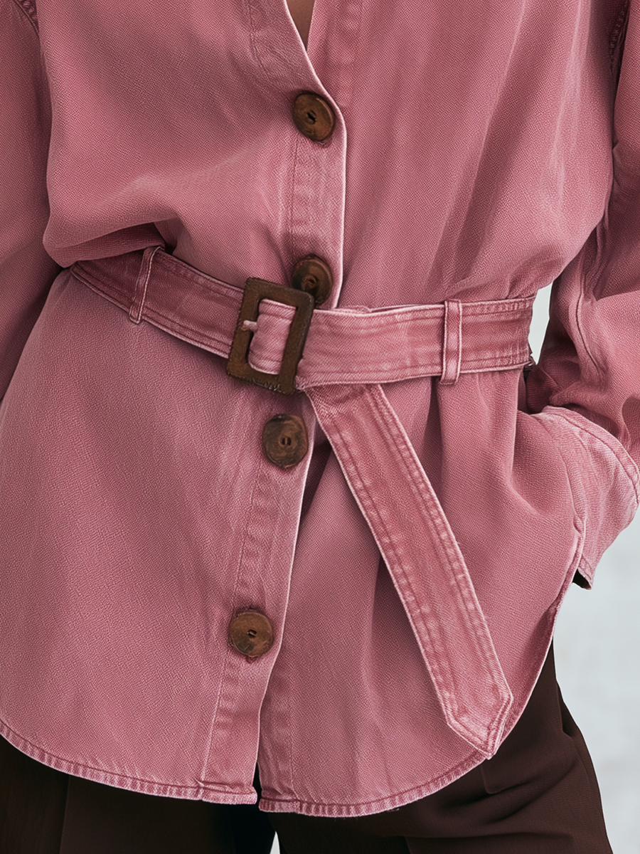 Pink Denim Shacket, Belted Shirt Jacket, Oversized Denim Jacket, Utility Jacket Women
