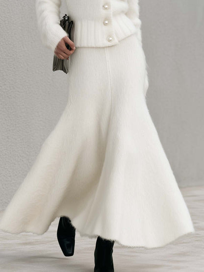 Elegant Ivory Fuzzy Knit V-Neck Cardigan And Fishtail Maxi Skirt Set