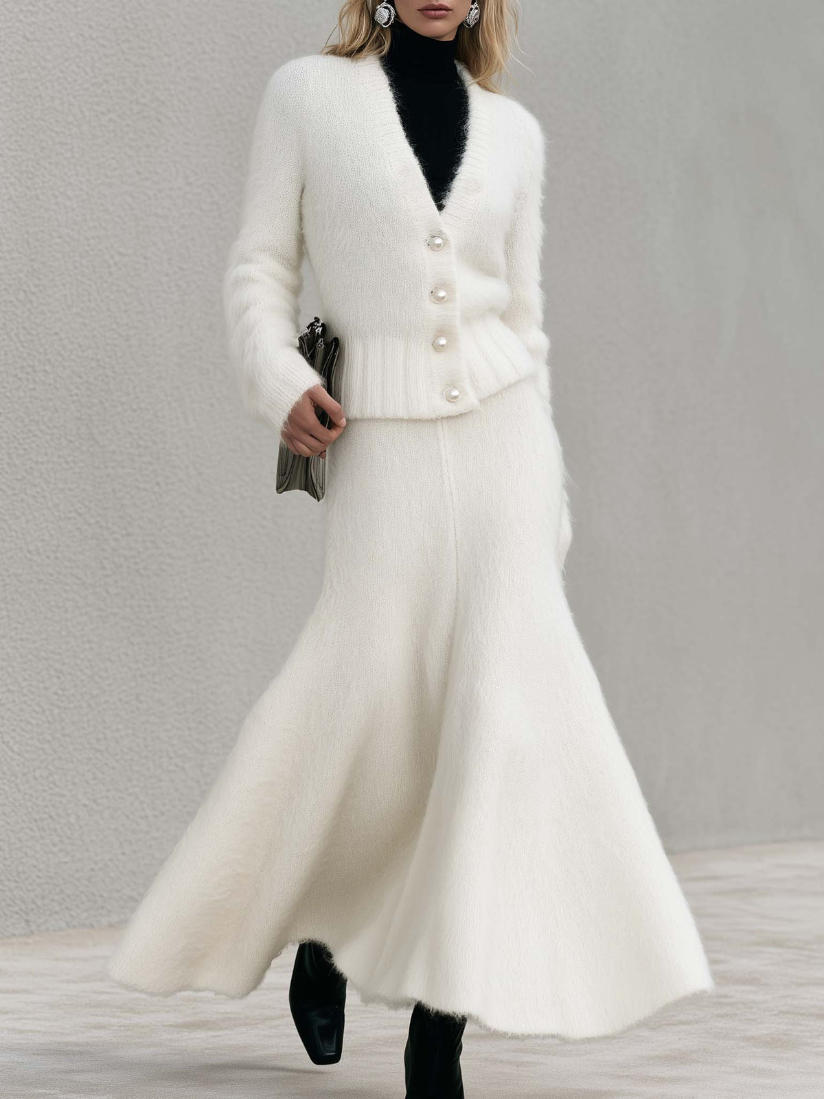Elegant Ivory Fuzzy Knit V-Neck Cardigan And Fishtail Maxi Skirt Set