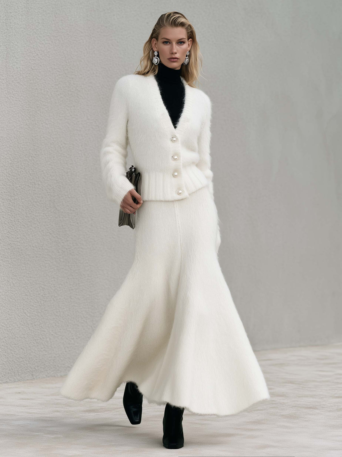 Elegant Ivory Fuzzy Knit V-Neck Cardigan And Fishtail Maxi Skirt Set