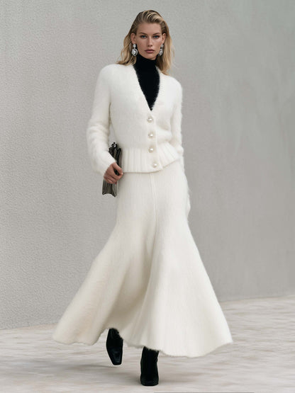Elegant Ivory Fuzzy Knit V-Neck Cardigan And Fishtail Maxi Skirt Set