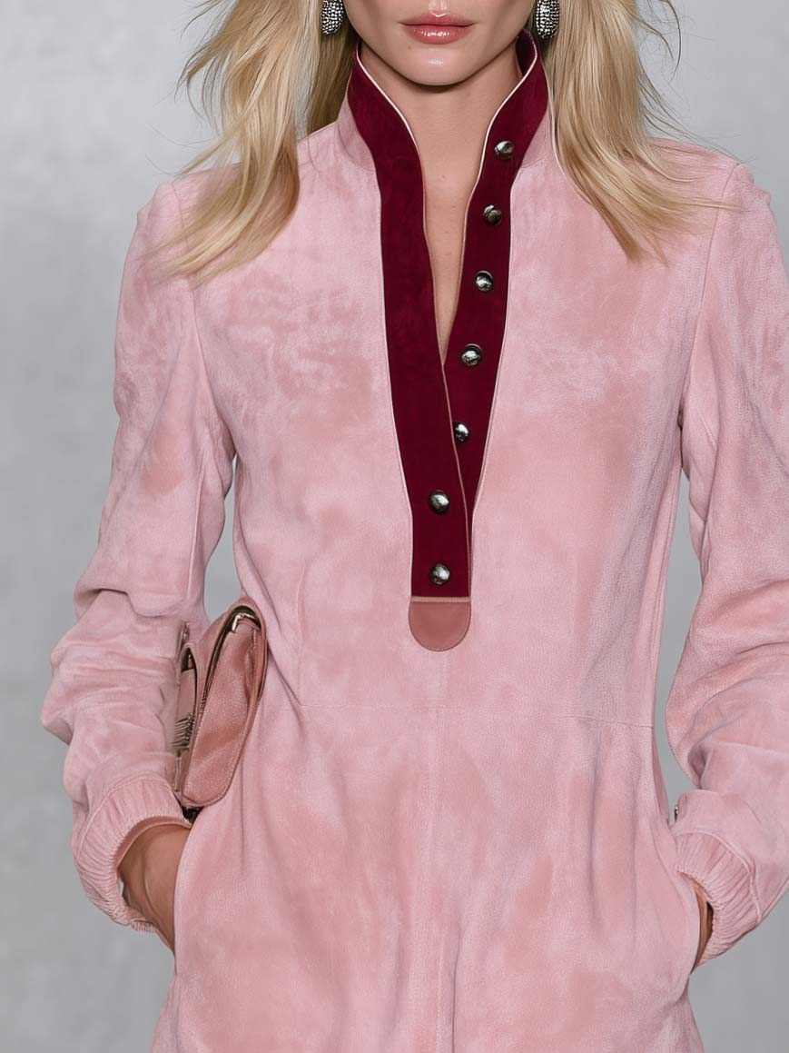Retro Western Pink Suede Stand Collar Snap-Button Long Sleeve Mini Dress