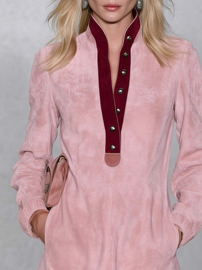 Retro Western Pink Suede Stand Collar Snap-Button Long Sleeve Mini Dress