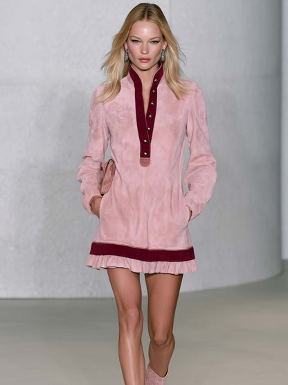 Retro Western Pink Suede Stand Collar Snap-Button Long Sleeve Mini Dress