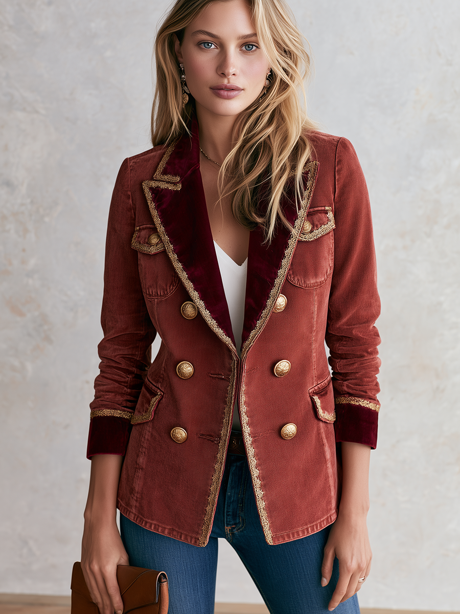Rust Velvet Trim Military Blazer With Gold Buttons