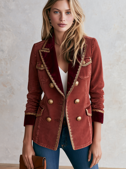 Rust Velvet Trim Military Blazer With Gold Buttons