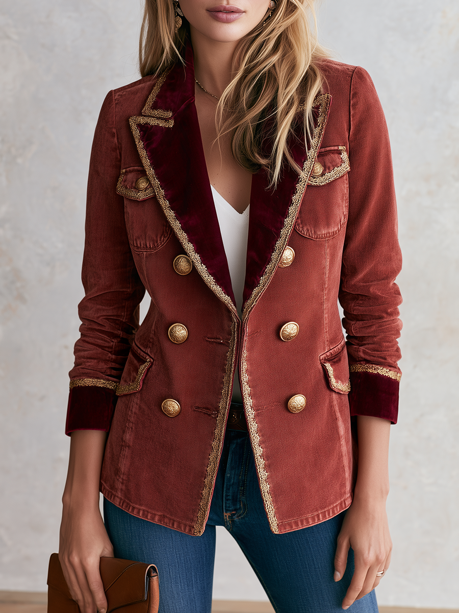 Rust Velvet Trim Military Blazer With Gold Buttons