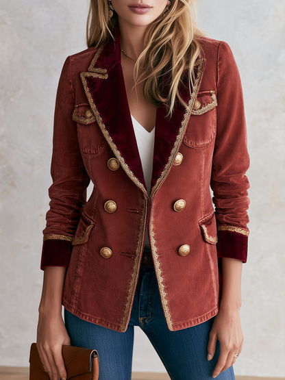 Rust Velvet Trim Military Blazer With Gold Buttons