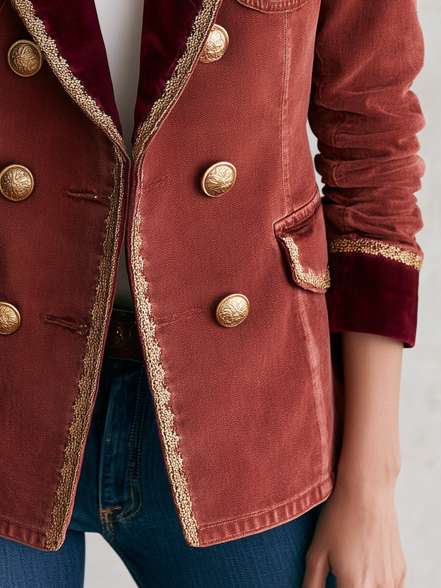 Rust Velvet Trim Military Blazer With Gold Buttons
