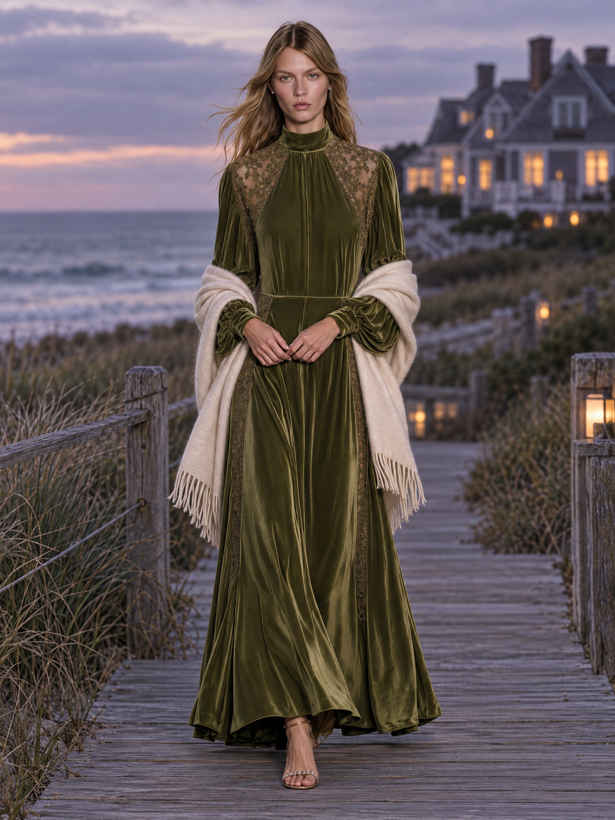 Vintage-style Elegant Long-sleeved Maxi Dress With Velvet And Lace Paneling