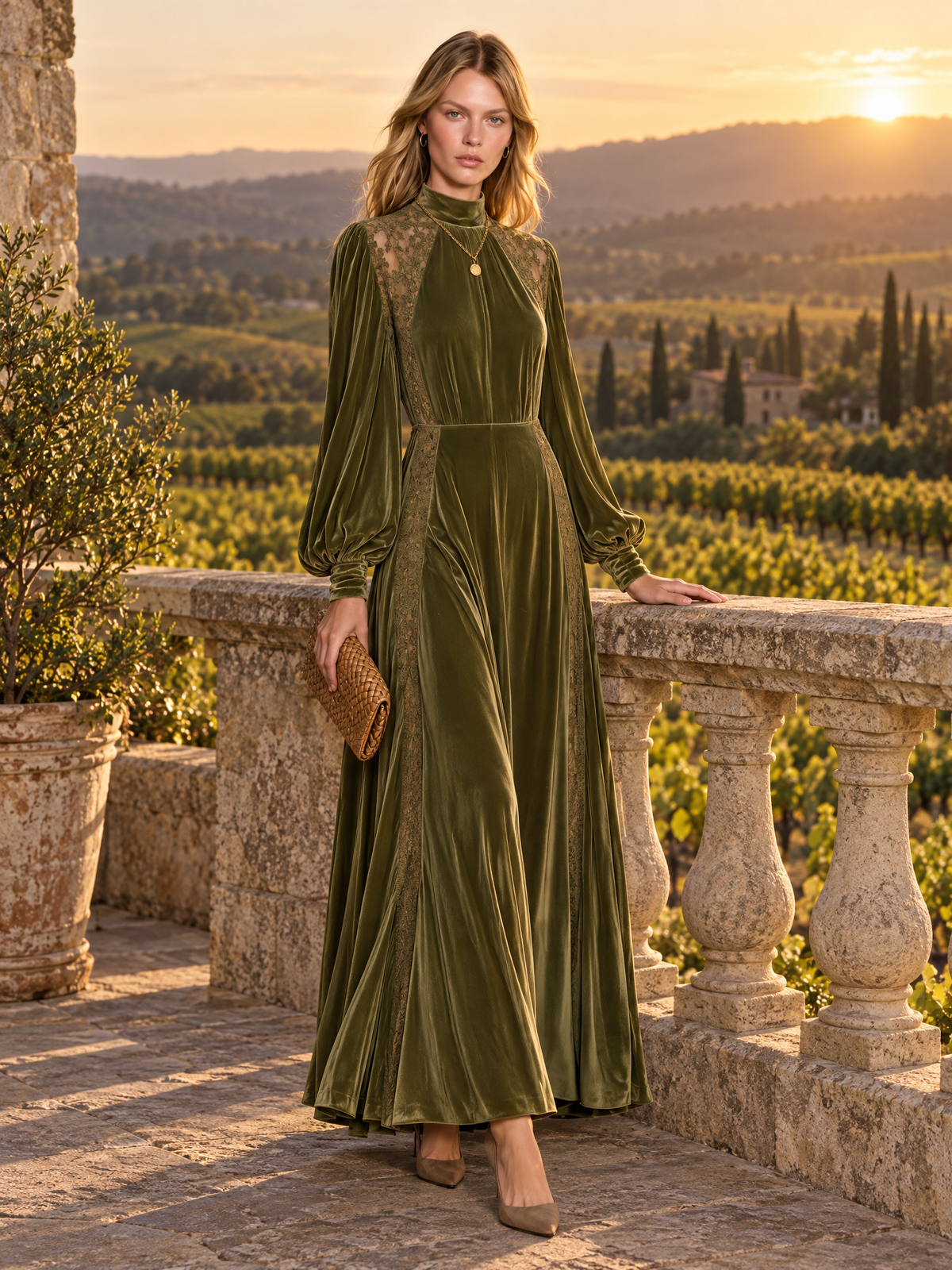 Vintage-style Elegant Long-sleeved Maxi Dress With Velvet And Lace Paneling
