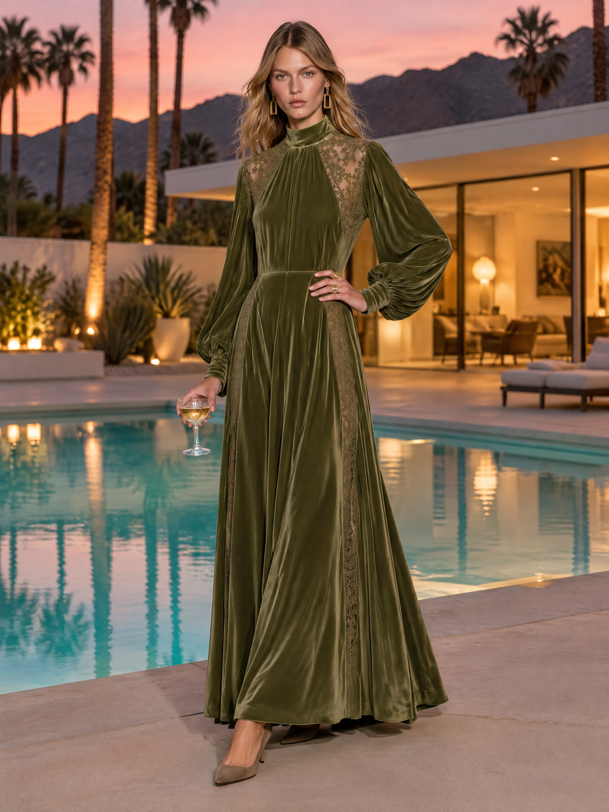 Vintage-style Elegant Long-sleeved Maxi Dress With Velvet And Lace Paneling