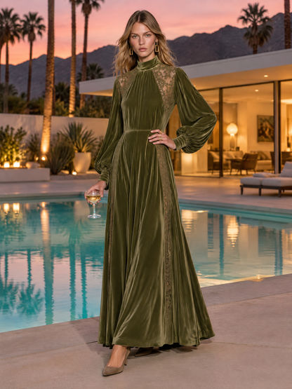 Vintage-style Elegant Long-sleeved Maxi Dress With Velvet And Lace Paneling