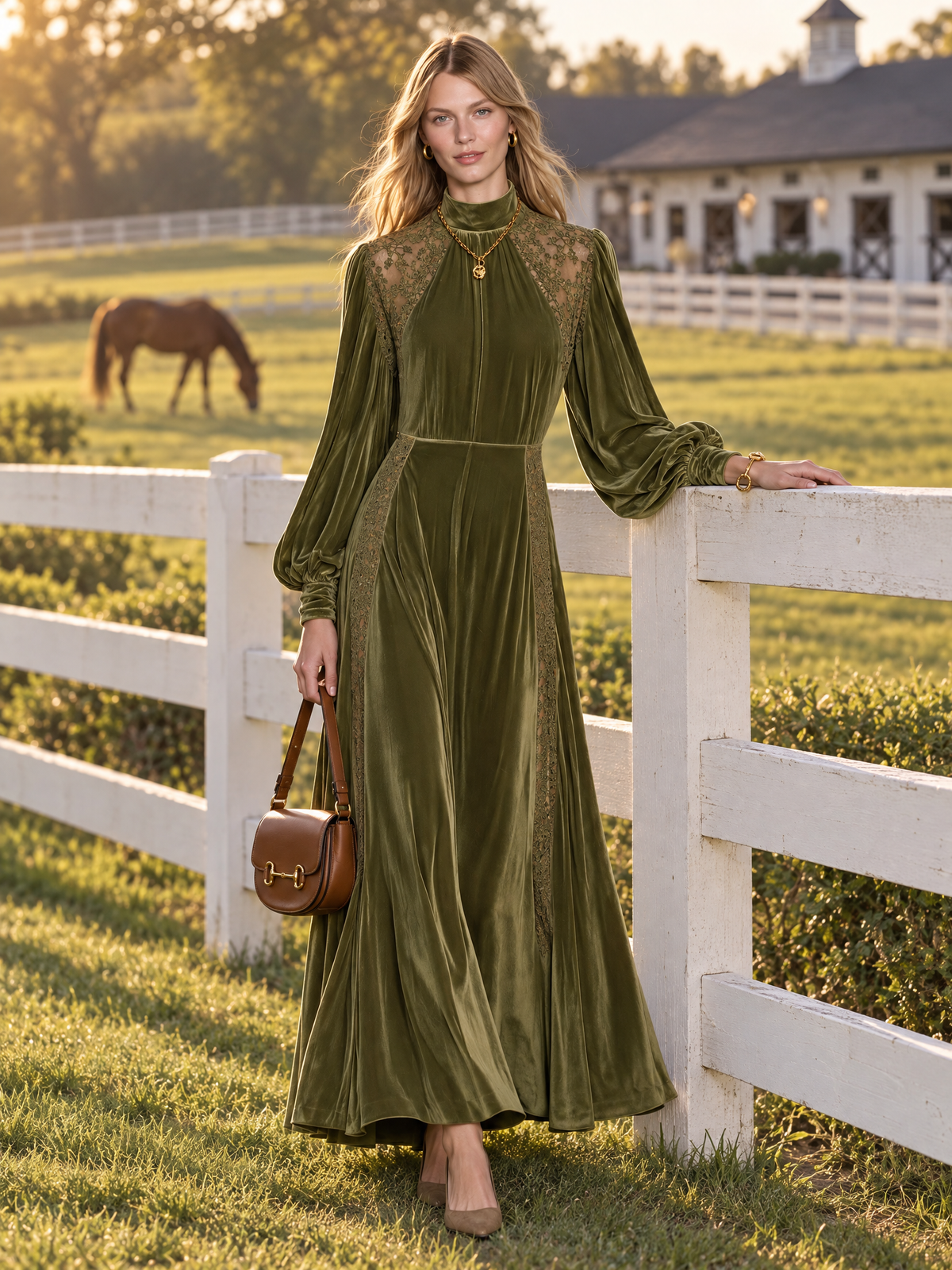 Vintage-style Elegant Long-sleeved Maxi Dress With Velvet And Lace Paneling