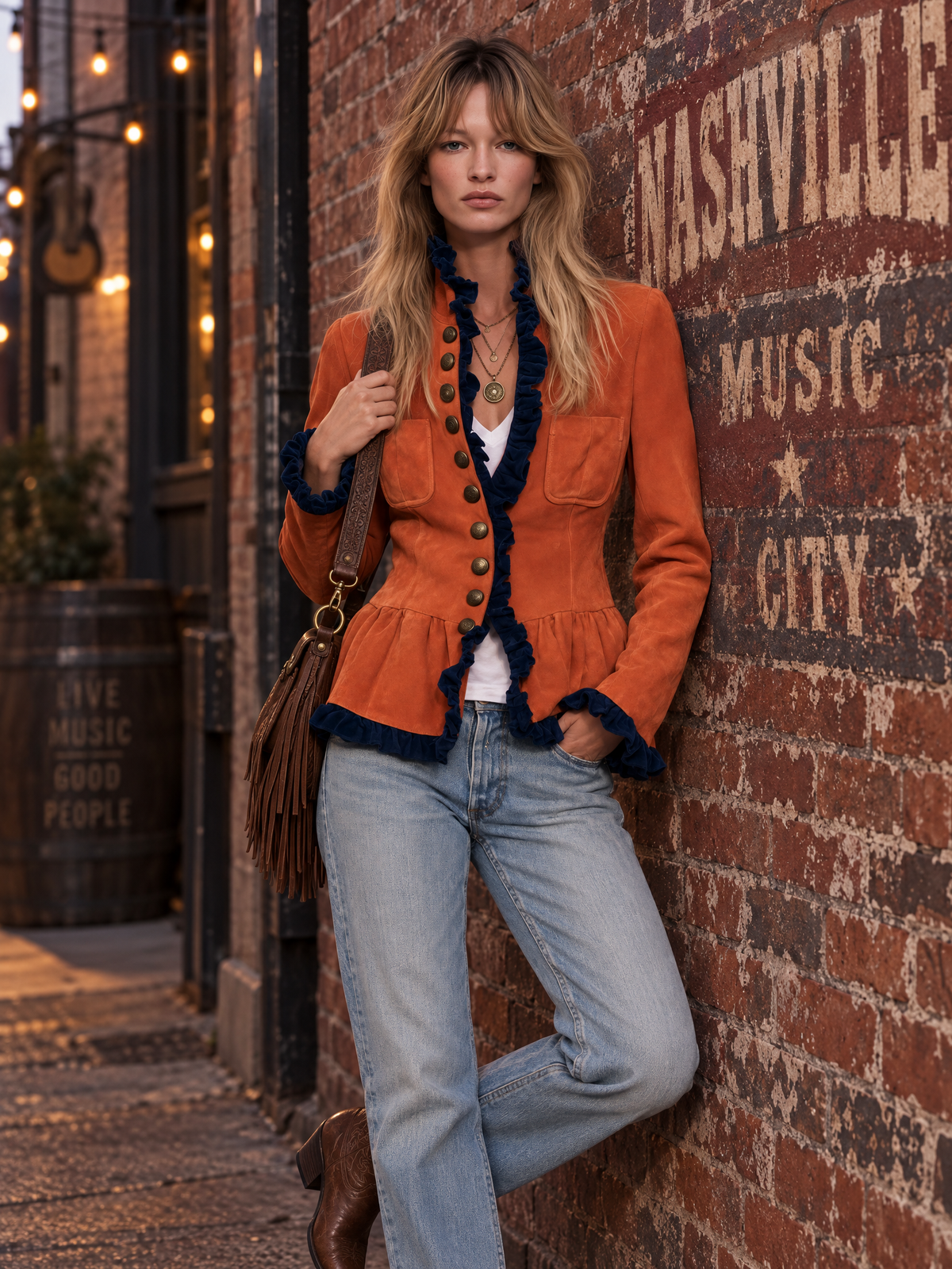 Retro Western Burnt Orange Faux Suede Navy Ruffle Trim Peplum Jacket
