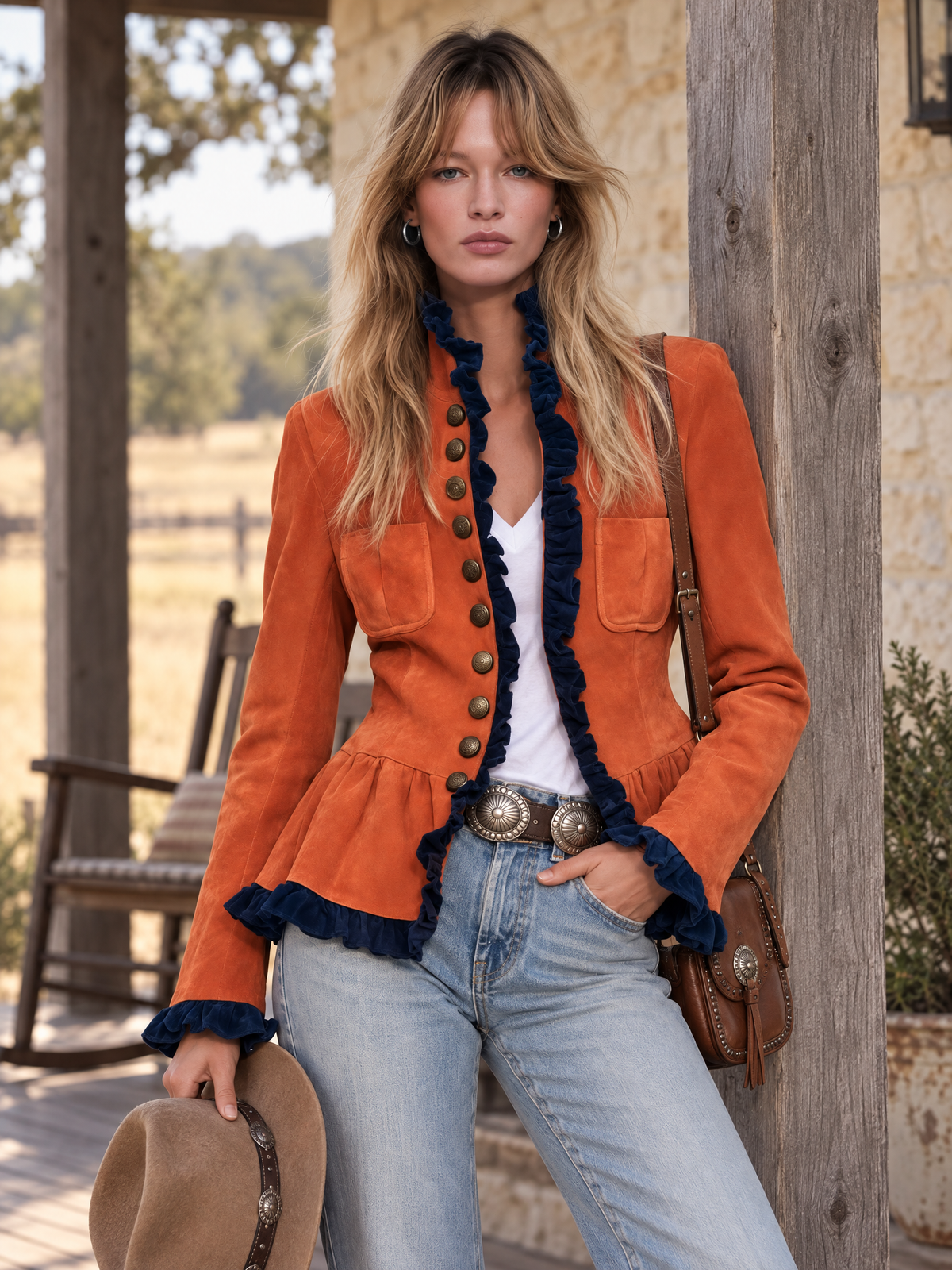 Retro Western Burnt Orange Faux Suede Navy Ruffle Trim Peplum Jacket