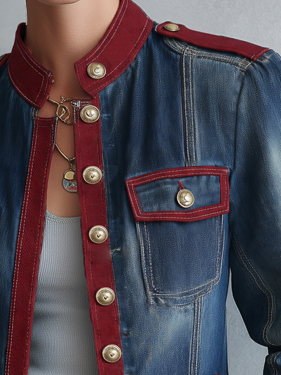 Women’s Military Denim Jacket With Burgundy Trim And Gold Buttons