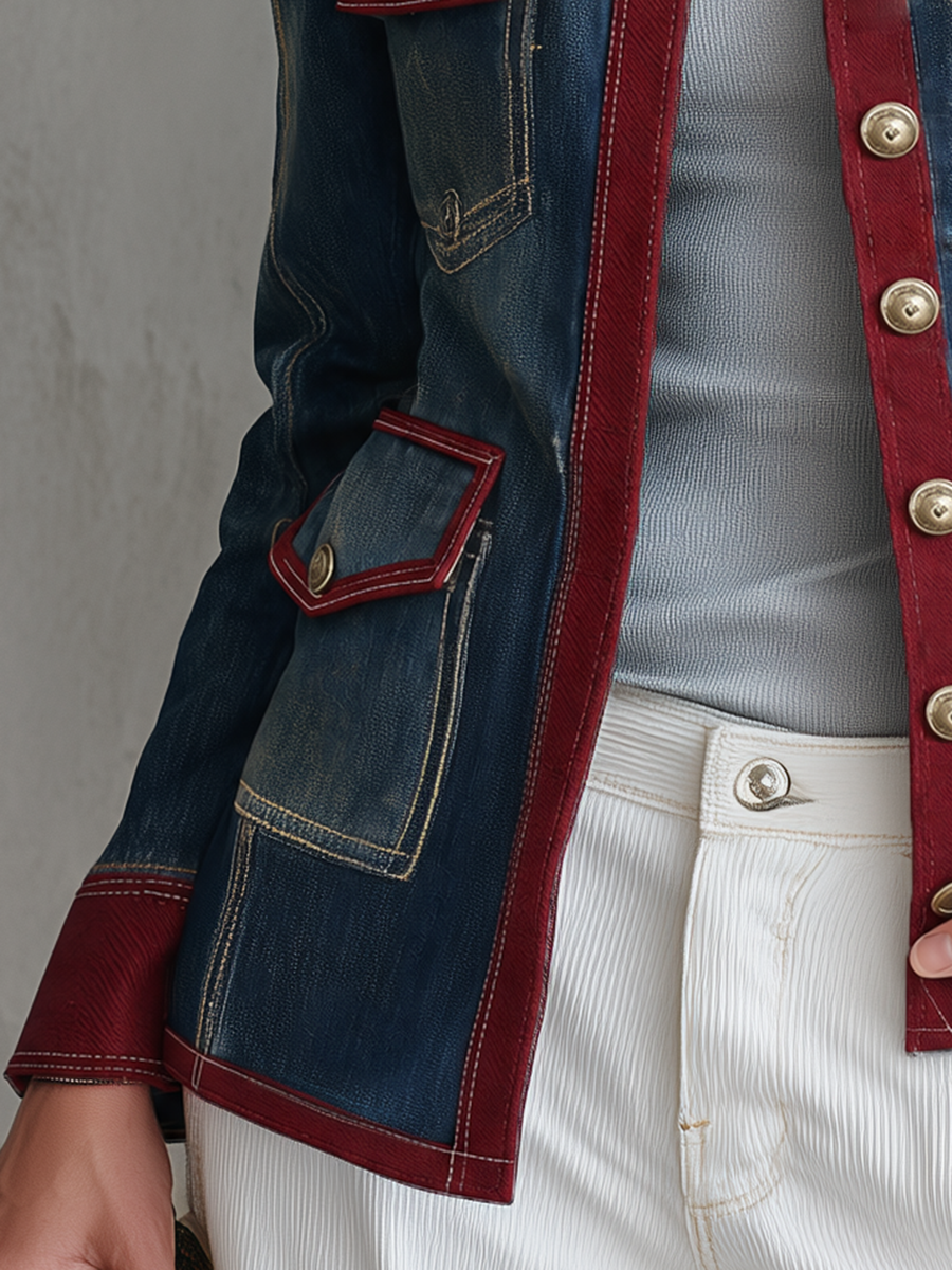 Women’s Military Denim Jacket With Burgundy Trim And Gold Buttons