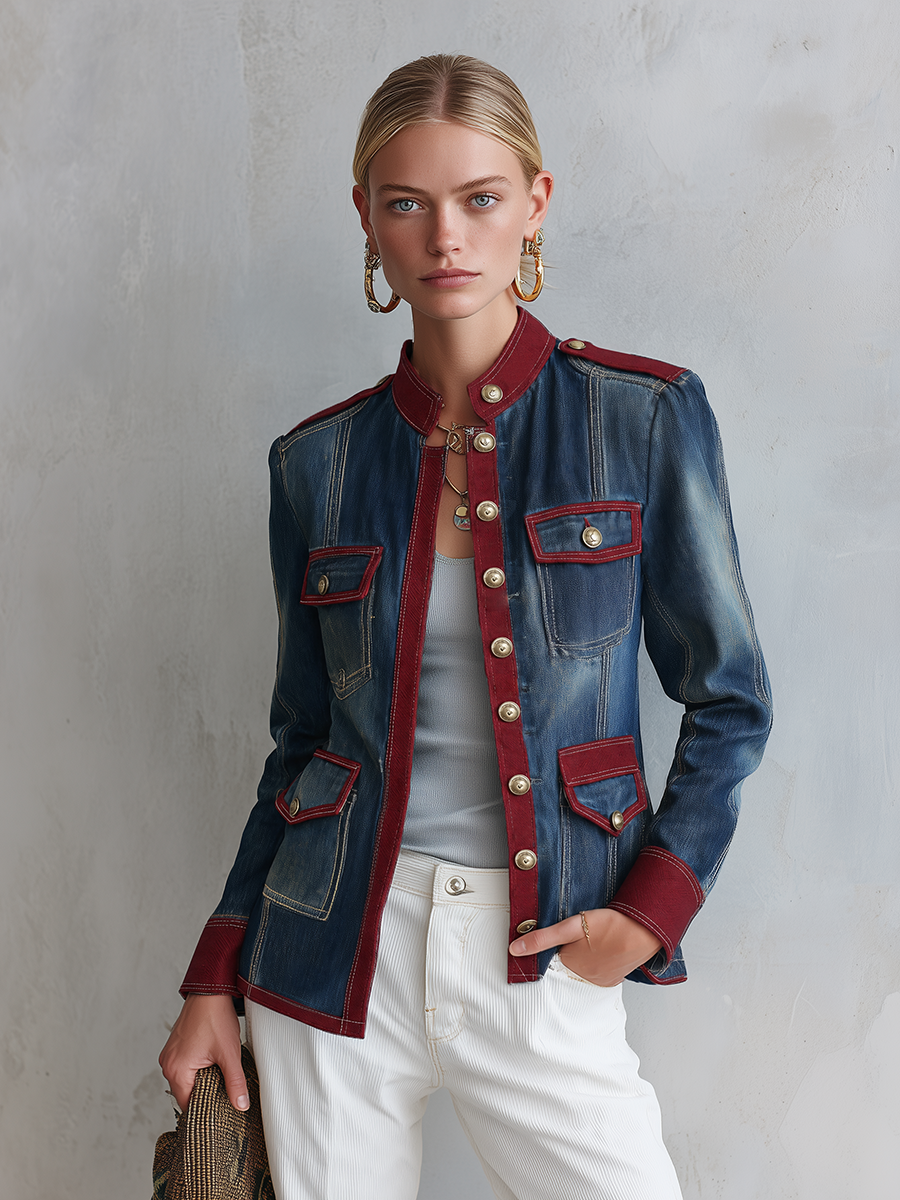 Women’s Military Denim Jacket With Burgundy Trim And Gold Buttons