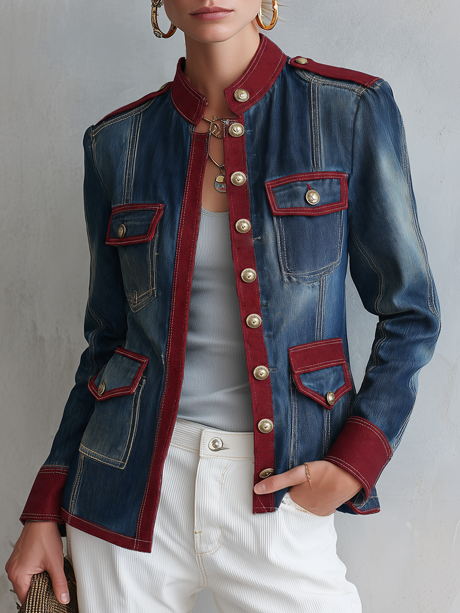 Women’s Military Denim Jacket With Burgundy Trim And Gold Buttons