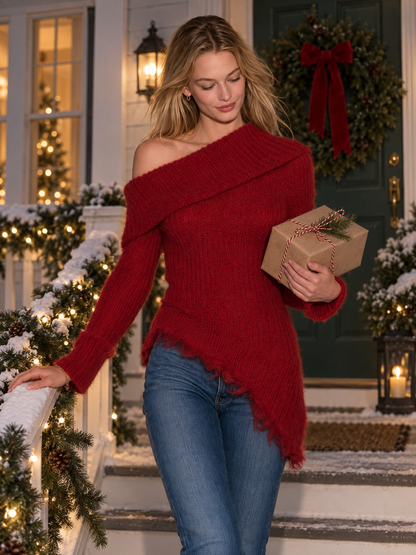 Retro Elegant Red Asymmetric Shoulder Frayed Hem Going-Out Top