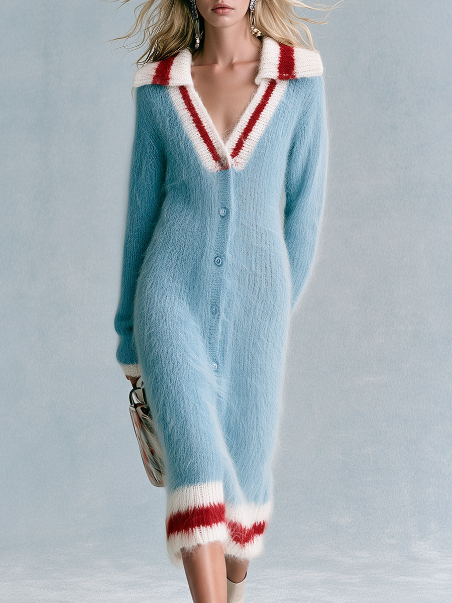 Stylish Color-block Striped Collar Blue Long-pile Knit Midi Dress
