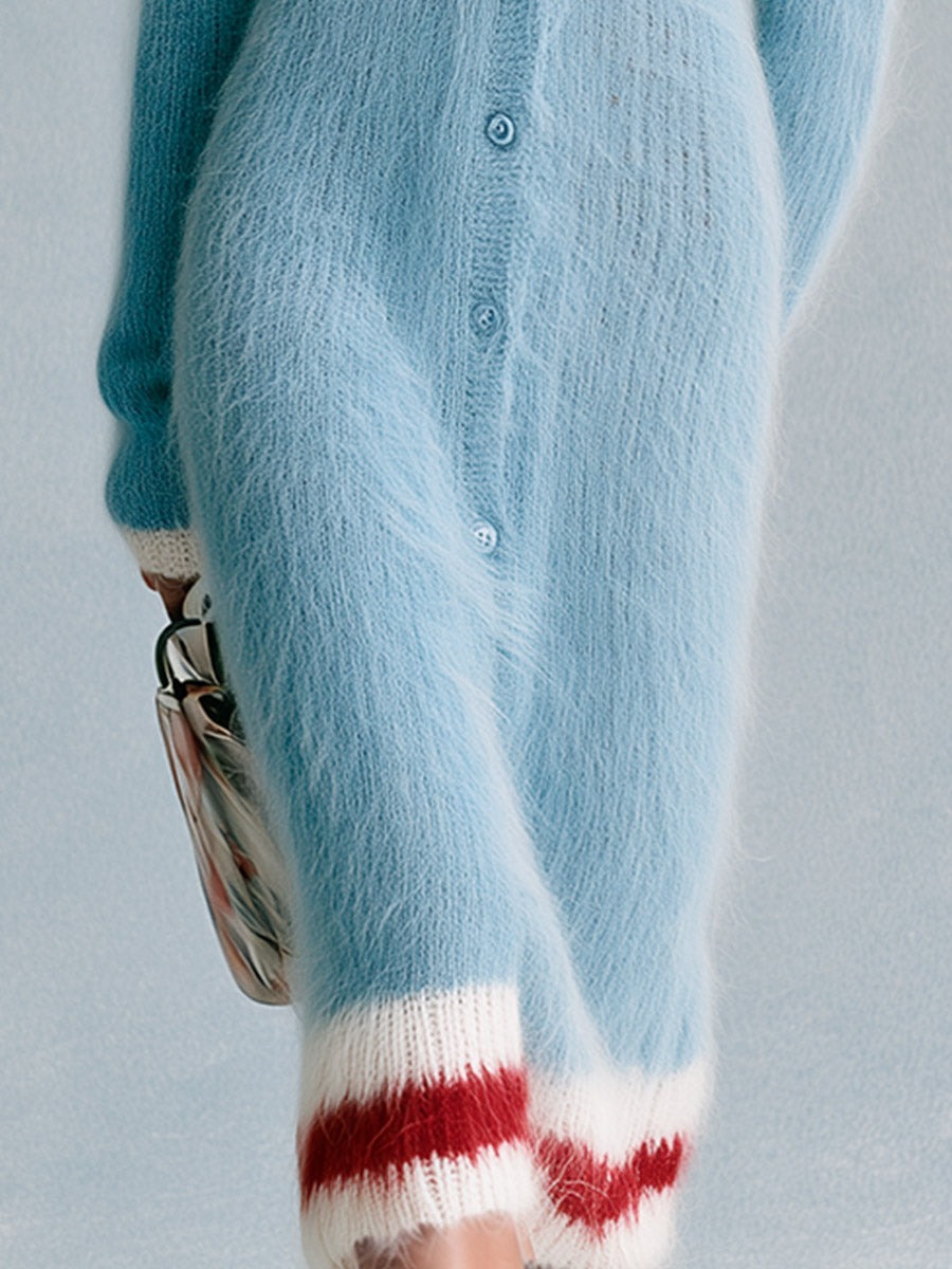 Stylish Color-block Striped Collar Blue Long-pile Knit Midi Dress