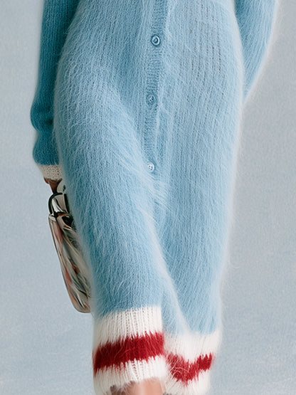 Stylish Color-block Striped Collar Blue Long-pile Knit Midi Dress