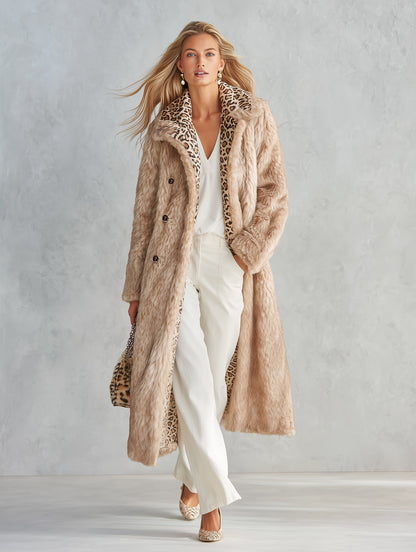 Stylish And Warm Leopard-Print Collar Faux Fur Coat