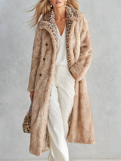 Stylish And Warm Leopard-Print Collar Faux Fur Coat