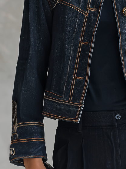 Women’s Cropped Navy Denim Jacket With Contrast Stitching