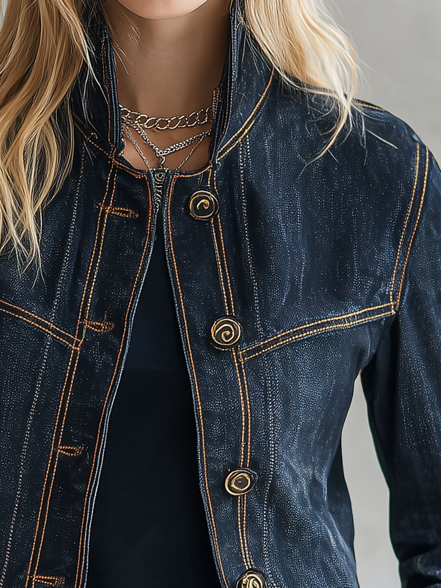 Women’s Cropped Navy Denim Jacket With Contrast Stitching