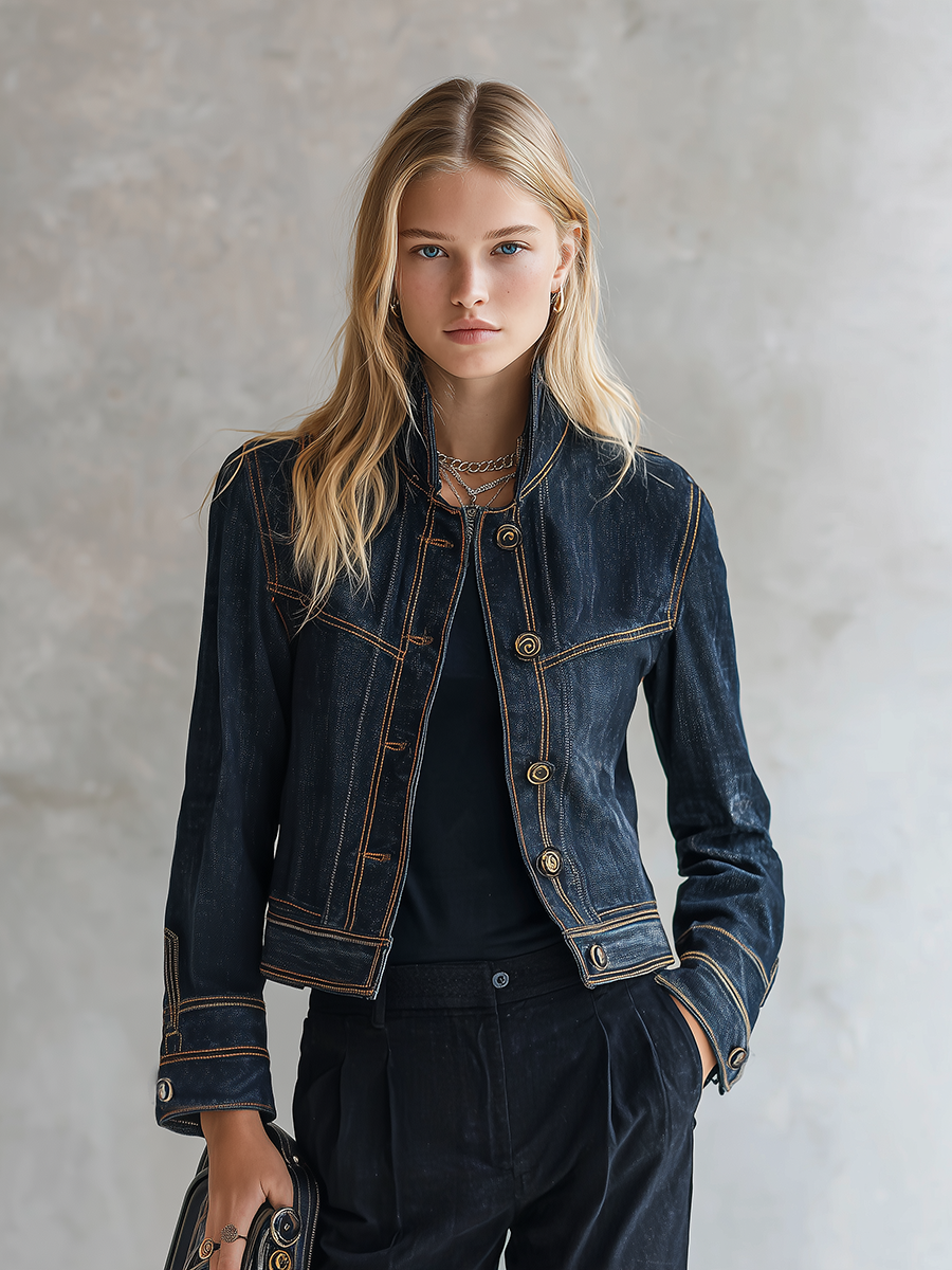 Women’s Cropped Navy Denim Jacket With Contrast Stitching