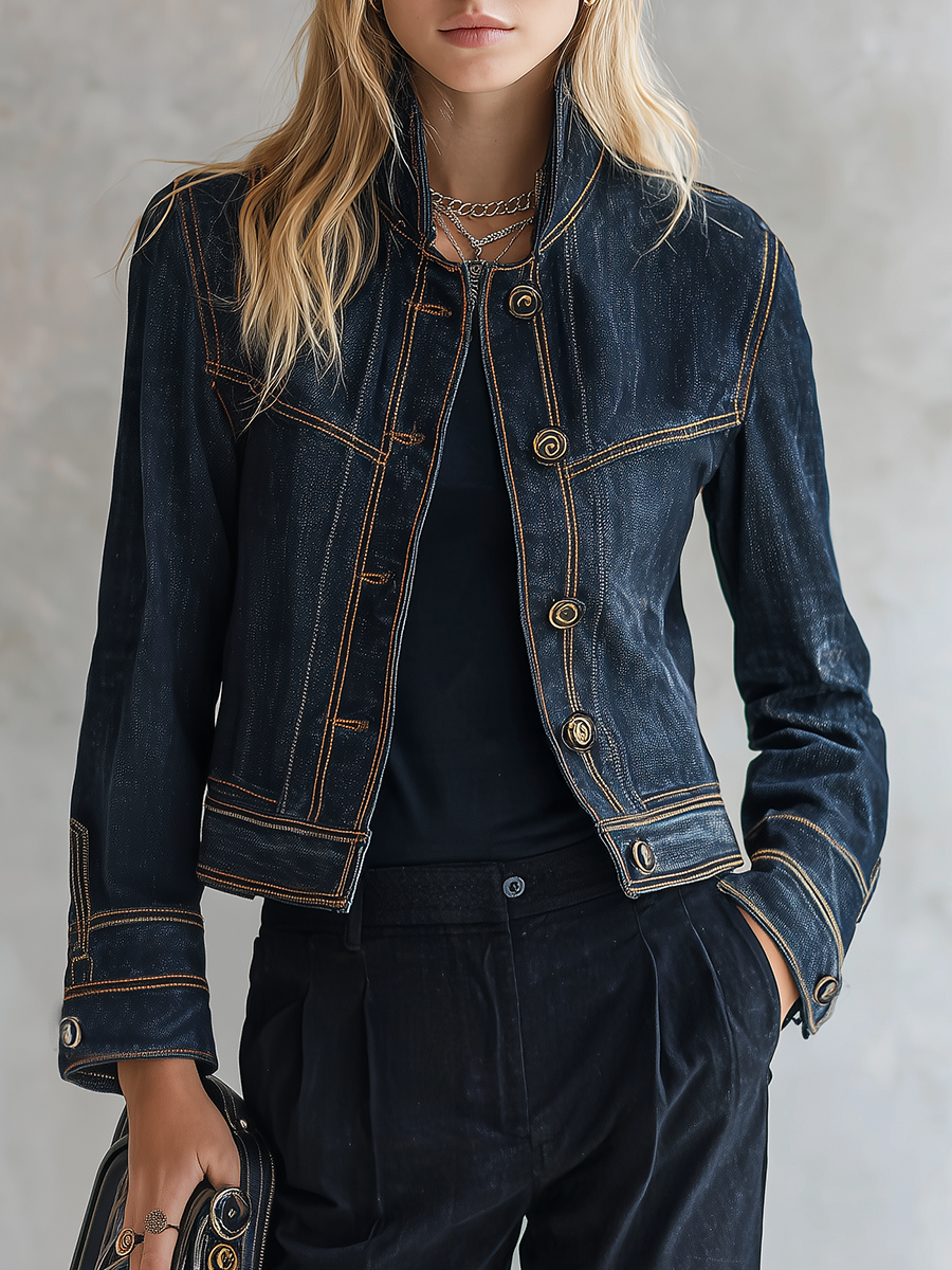 Women’s Cropped Navy Denim Jacket With Contrast Stitching