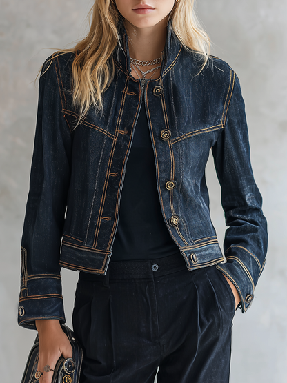 Women’s Cropped Navy Denim Jacket With Contrast Stitching