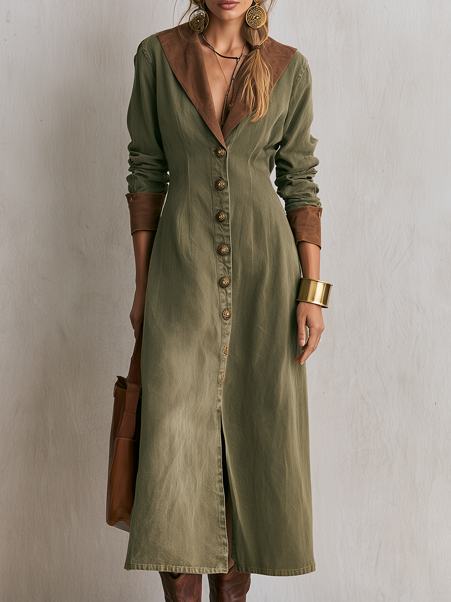 Olive Button Front Maxi Shirt Dress With Contrast Collar