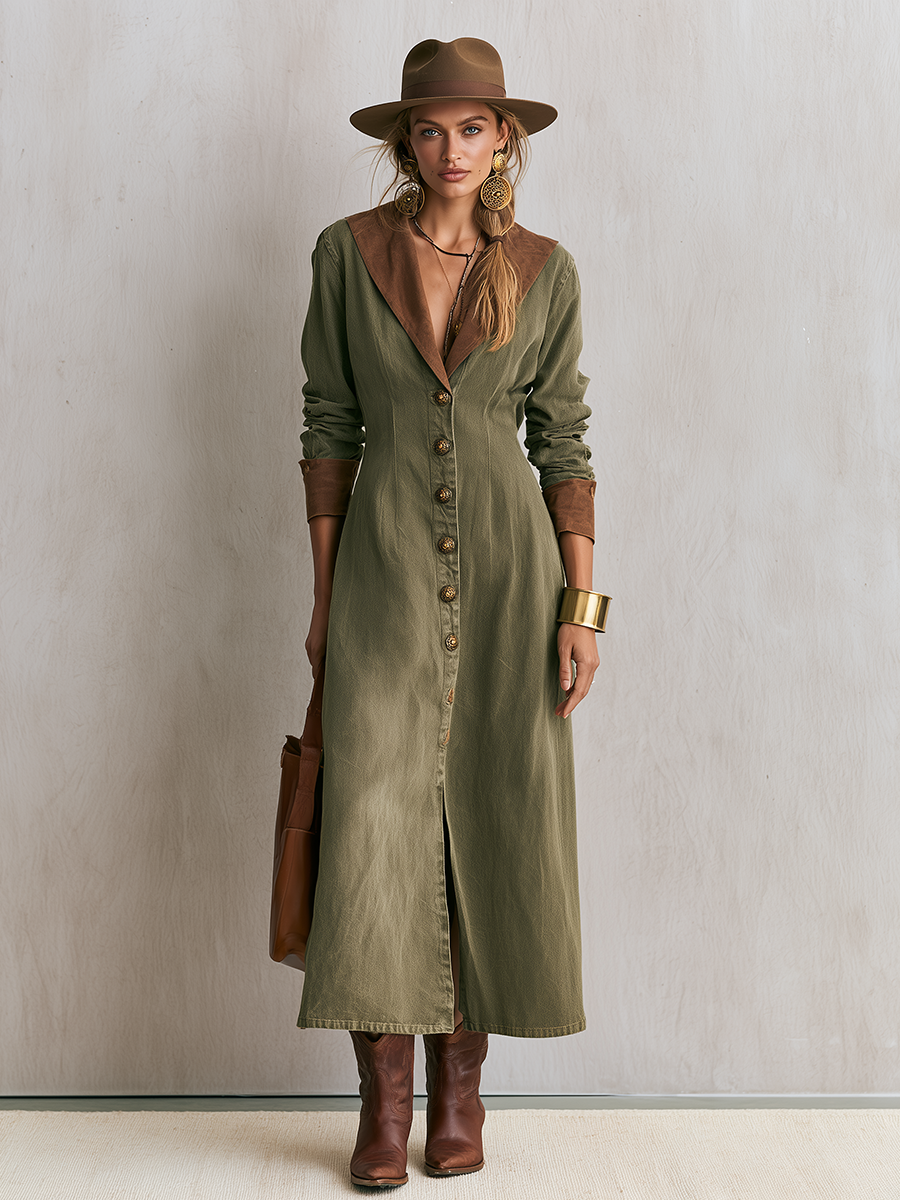 Olive Button Front Maxi Shirt Dress With Contrast Collar