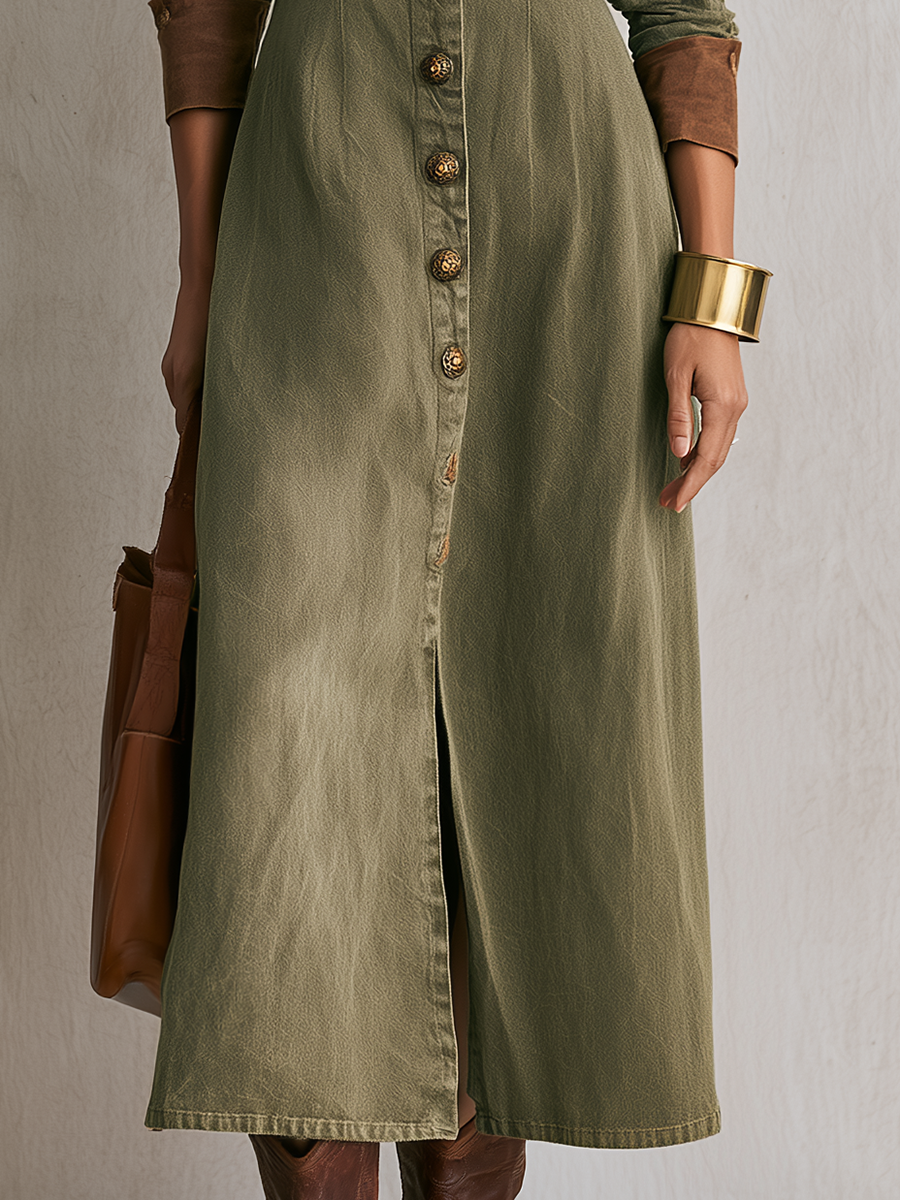 Olive Button Front Maxi Shirt Dress With Contrast Collar
