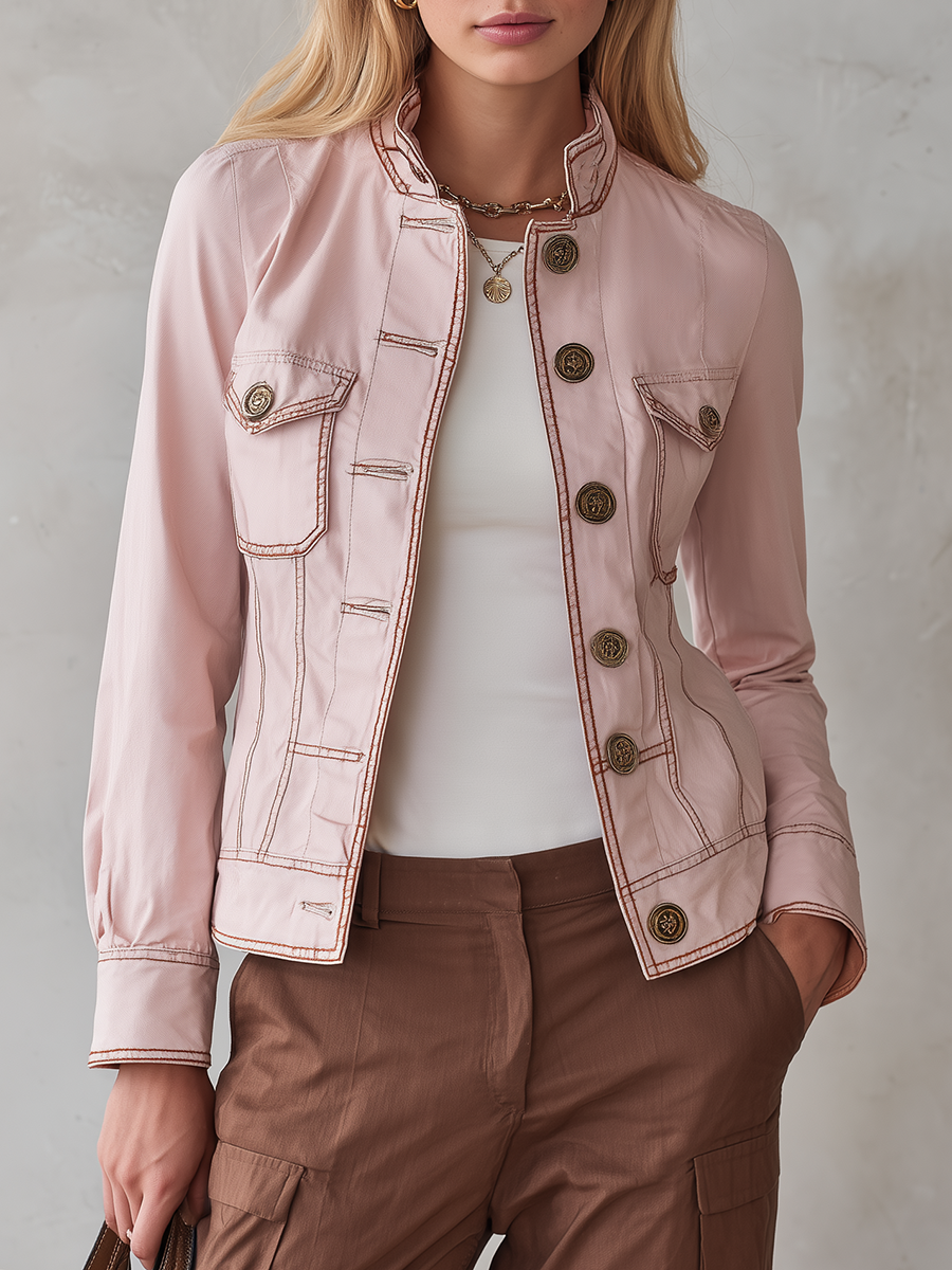 Blush Pink Military Jacket With Contrast Stitching And Gold Buttons