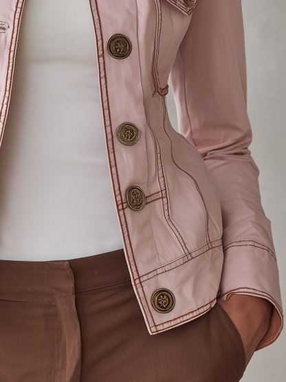 Blush Pink Military Jacket With Contrast Stitching And Gold Buttons