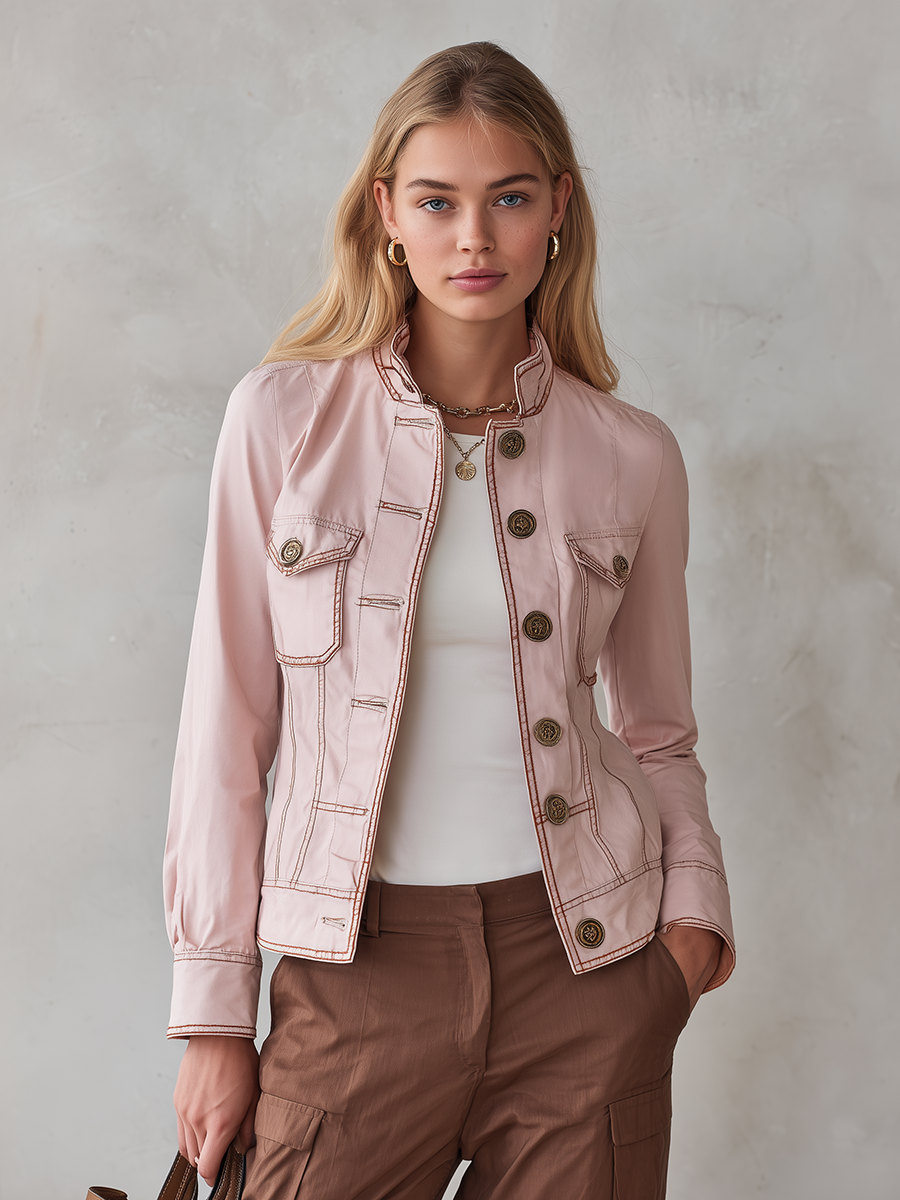 Blush Pink Military Jacket With Contrast Stitching And Gold Buttons