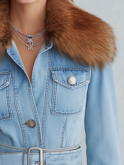 Light Blue Belted Denim Mini Dress With Faux Fur Collar