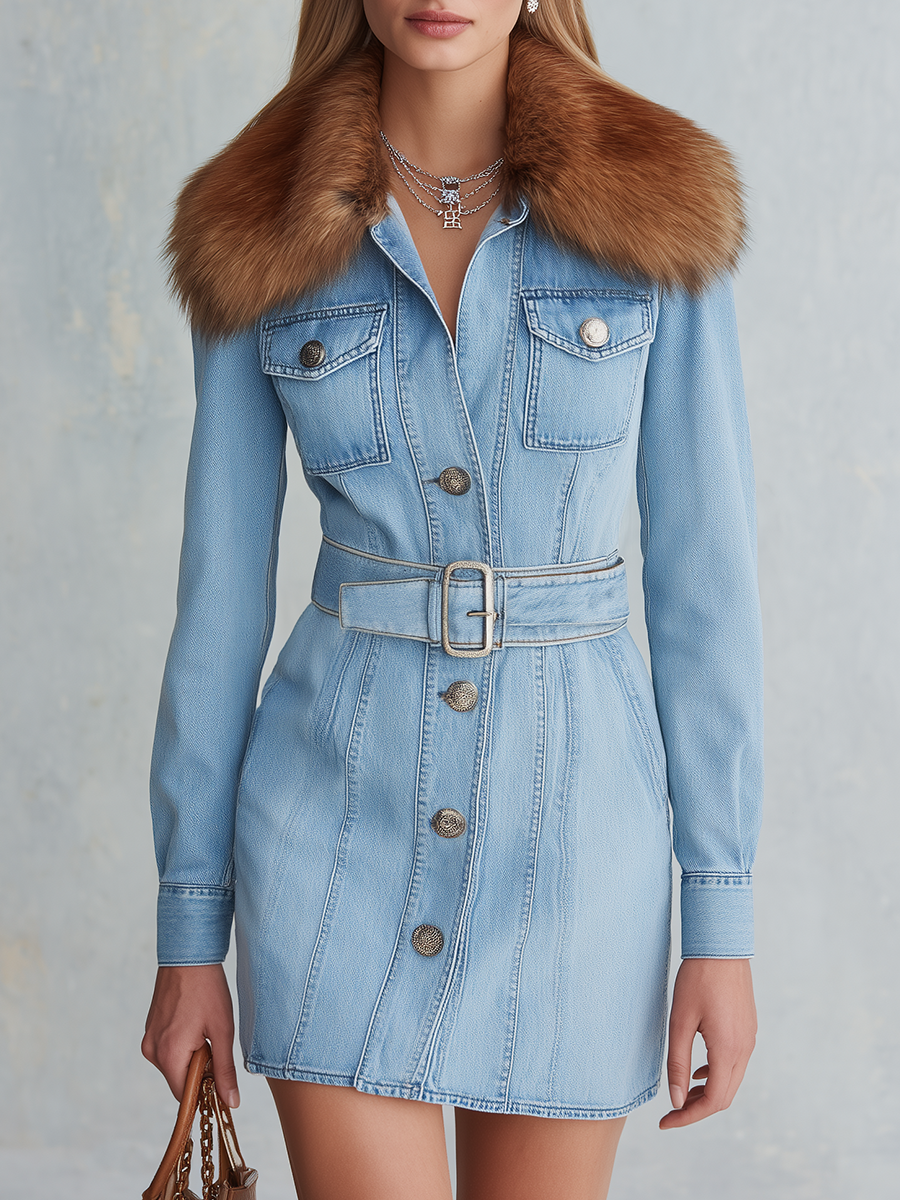 Light Blue Belted Denim Mini Dress With Faux Fur Collar
