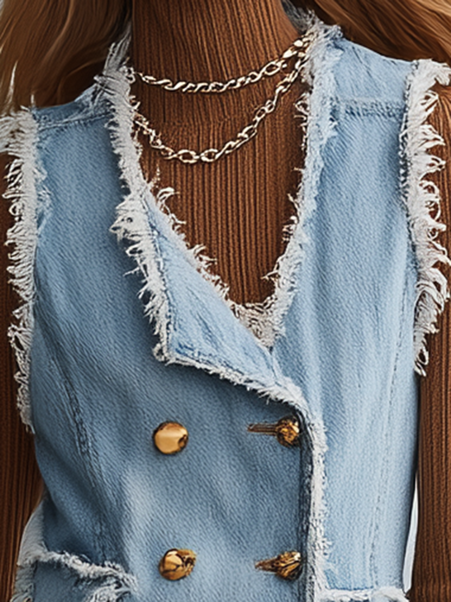 Light Blue Frayed Denim Vest With Gold Button Front