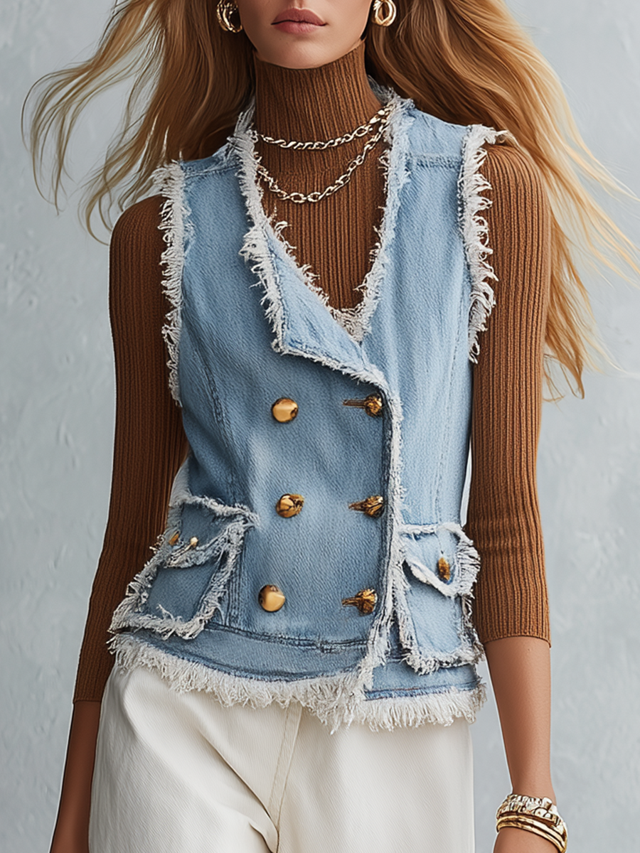 Light Blue Frayed Denim Vest With Gold Button Front