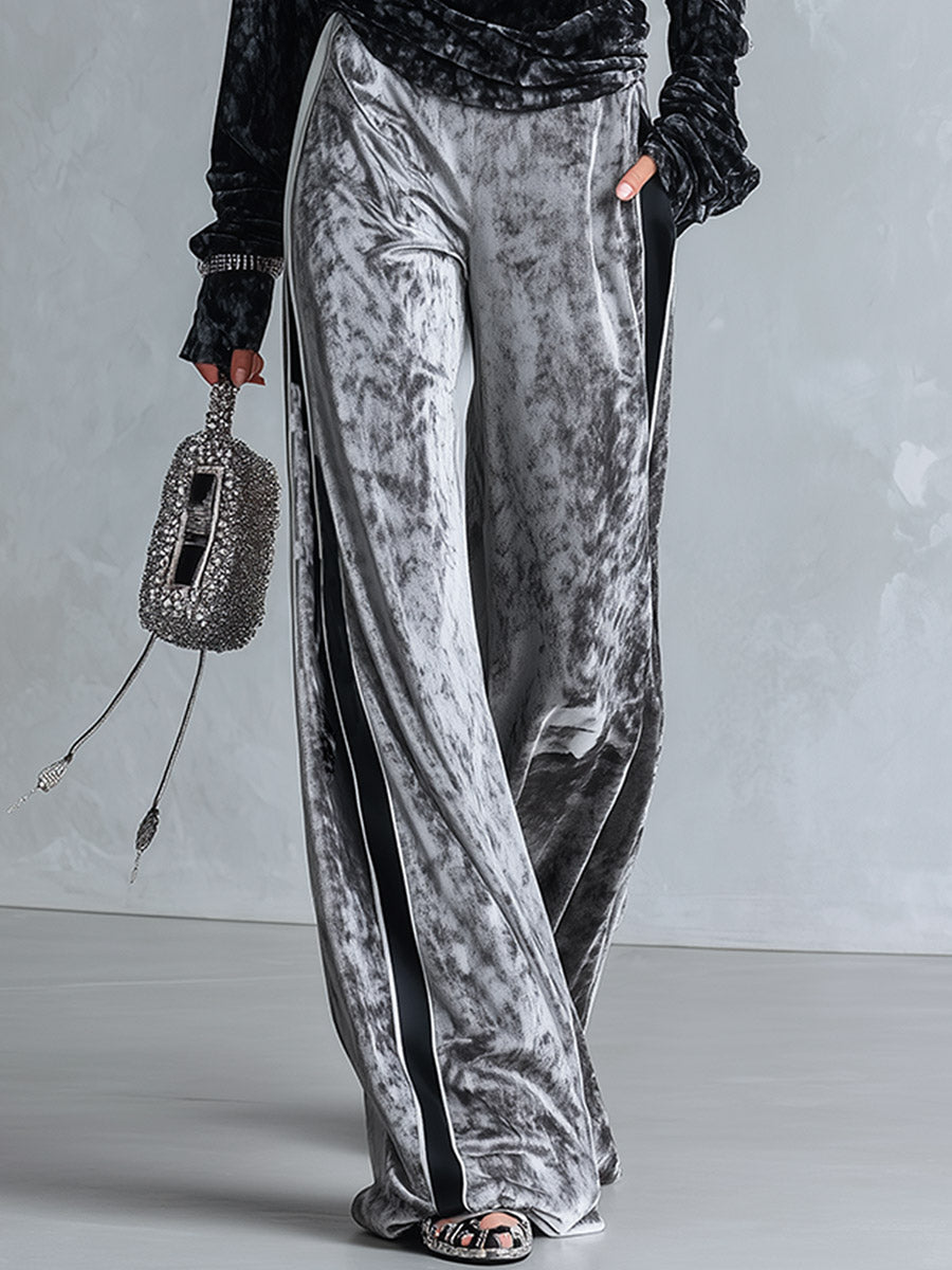 Chic And Casual Black Sequin Star Top And Grey Wide-leg Trousers Velvet Set