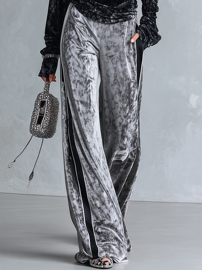 Chic And Casual Black Sequin Star Top And Grey Wide-leg Trousers Velvet Set